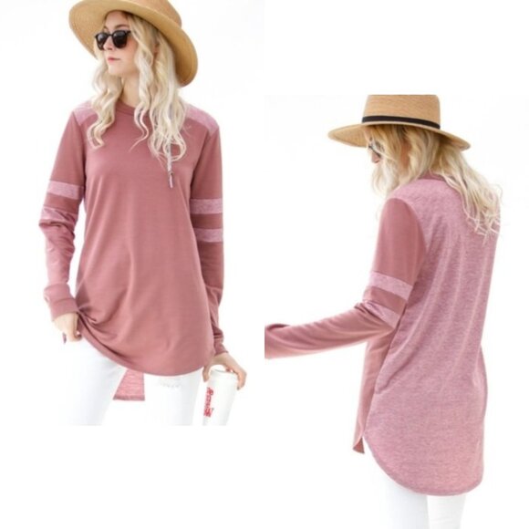 Tops - Long Stripe Sleeve Casual Top Pink High Low